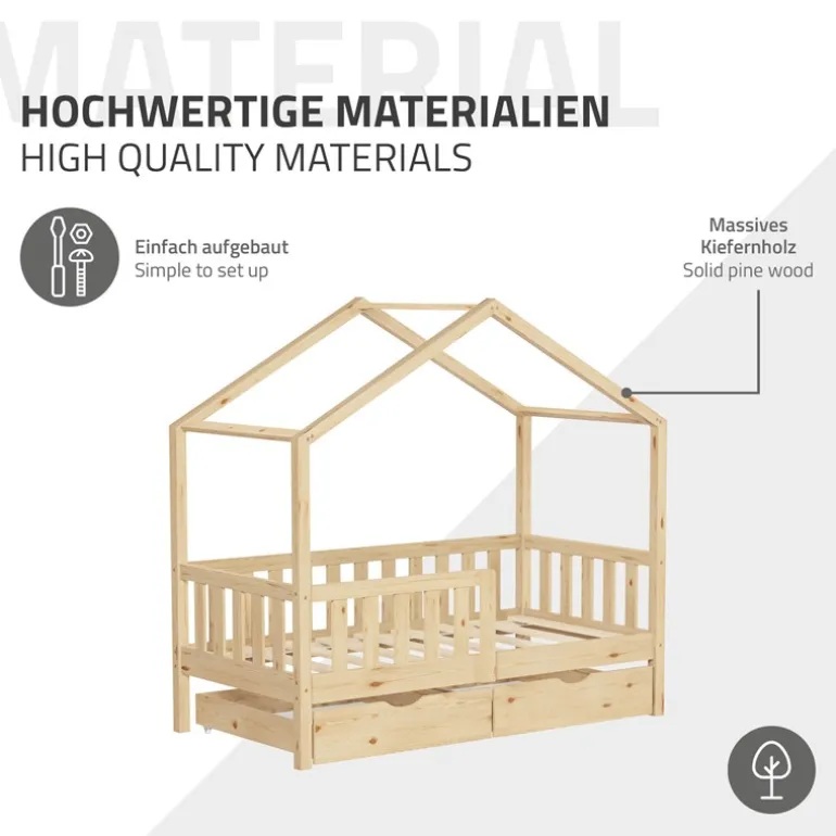 Kinderbett Hausbett 70x140 cm Natur aus Kiefernholz mit Matratze H:10cm, 2 Schubkasten, Rausfallschutz & Lattenrost ML-Design