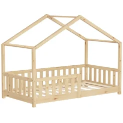 Kinderbett Hausbett 80x160 cm Natur aus Kiefernholz Holzbett mit Rausfallschutz und Lattenrost ML-Design