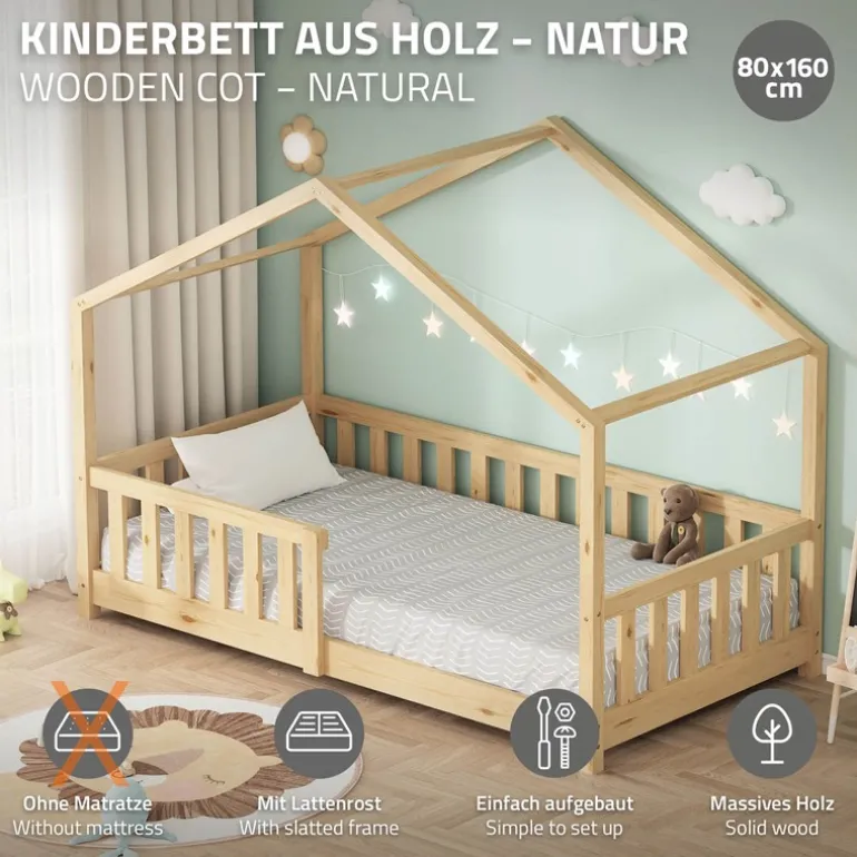 Kinderbett Hausbett 80x160 cm Natur aus Kiefernholz Holzbett mit Rausfallschutz und Lattenrost ML-Design