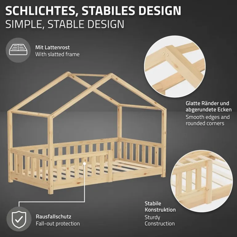 Kinderbett Hausbett 80x160 cm Natur aus Kiefernholz Holzbett mit Rausfallschutz und Lattenrost ML-Design