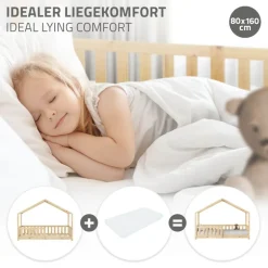 Kinderbett Hausbett 80x160 cm Natur aus Kiefernholz Holzbett mit Rausfallschutz und Lattenrost ML-Design
