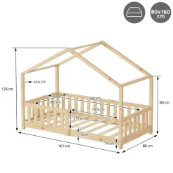 Kinderbett Hausbett 80x160 cm Natur aus Kiefernholz Holzbett mit Rausfallschutz und Lattenrost ML-Design