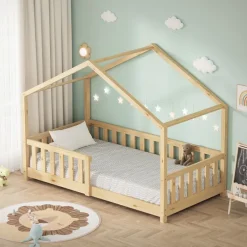 Kinderbett Hausbett 80x160 cm Natur aus Kiefernholz Holzbett mit Rausfallschutz und Lattenrost ML-Design