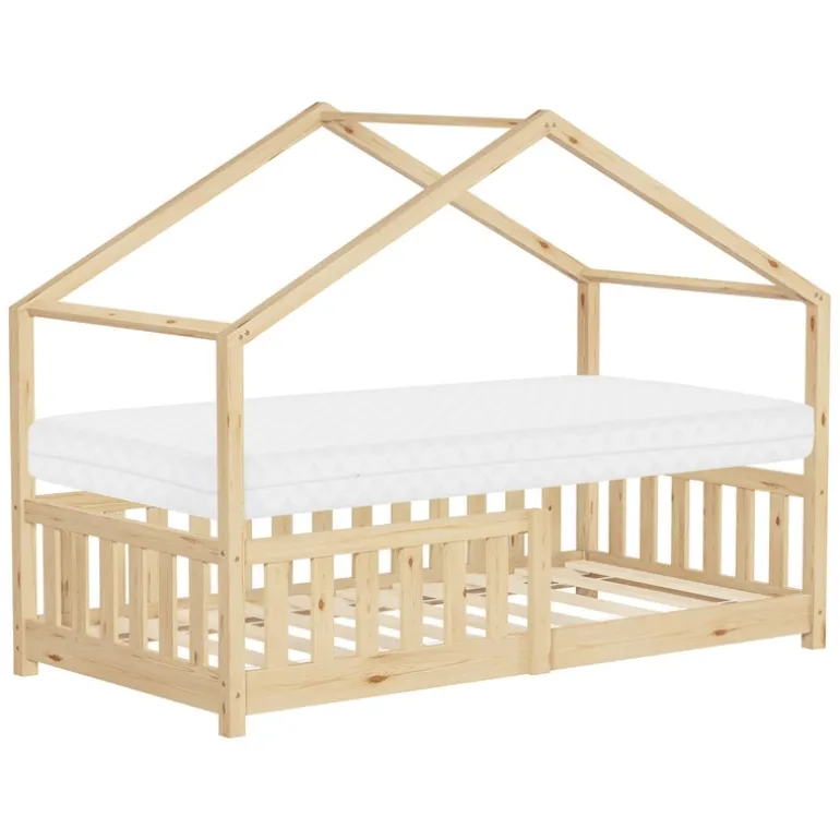 Kinderbett Hausbett 80x160 cm Natur aus Kiefernholz mit Matratze H:10cm Rausfallschutz und Lattenrost ML-Design