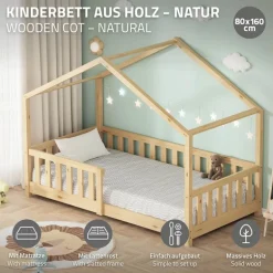 Kinderbett Hausbett 80x160 cm Natur aus Kiefernholz mit Matratze H:10cm Rausfallschutz und Lattenrost ML-Design