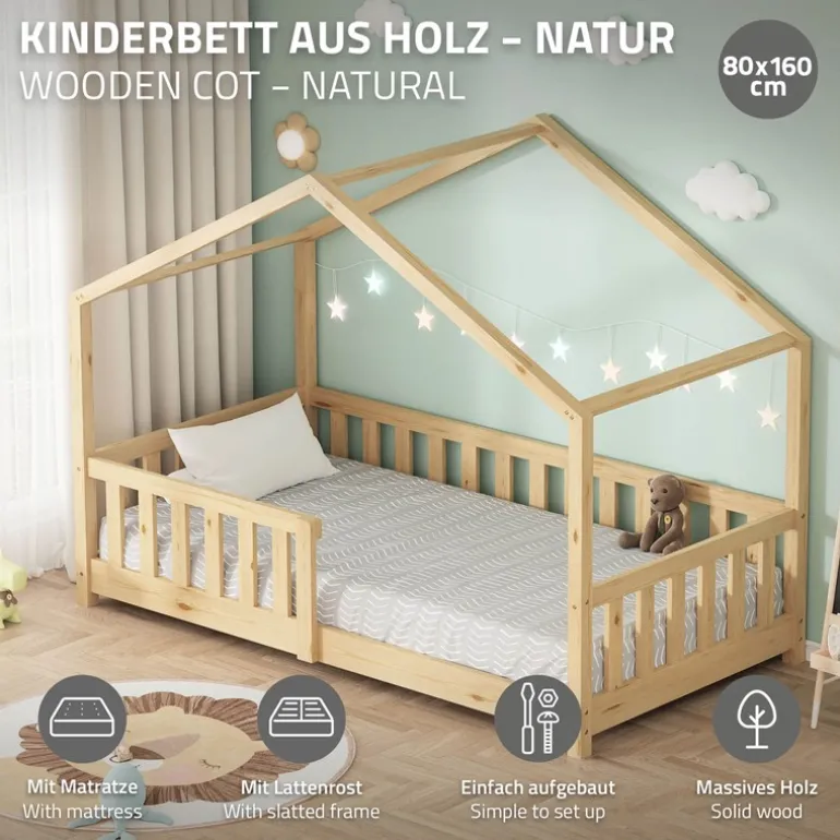 Kinderbett Hausbett 80x160 cm Natur aus Kiefernholz mit Matratze H:10cm Rausfallschutz und Lattenrost ML-Design