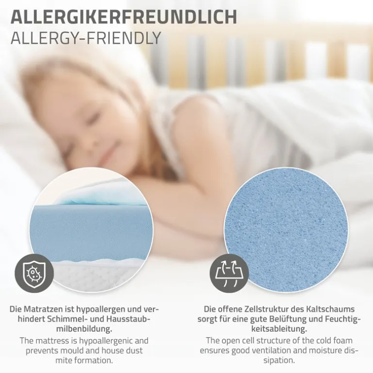 Kinderbett Hausbett 80x160 cm Natur aus Kiefernholz mit Matratze H:10cm Rausfallschutz und Lattenrost ML-Design