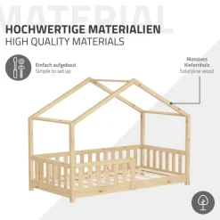 Kinderbett Hausbett 80x160 cm Natur aus Kiefernholz mit Matratze H:10cm Rausfallschutz und Lattenrost ML-Design