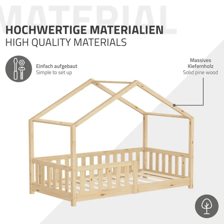 Kinderbett Hausbett 80x160 cm Natur aus Kiefernholz mit Matratze H:10cm Rausfallschutz und Lattenrost ML-Design