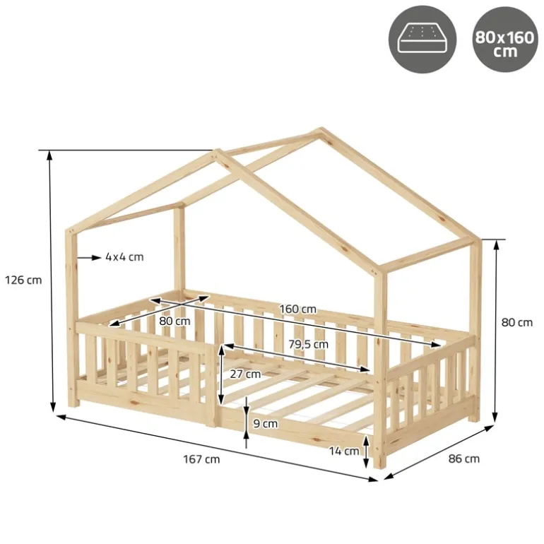 Kinderbett Hausbett 80x160 cm Natur aus Kiefernholz mit Matratze H:10cm Rausfallschutz und Lattenrost ML-Design