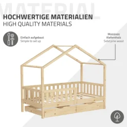 Kinderbett Hausbett 80x160 cm Natur aus Kiefernholz mit Matratze H:10cm, 2 Schubkasten, Rausfallschutz & Lattenrost ML-Design