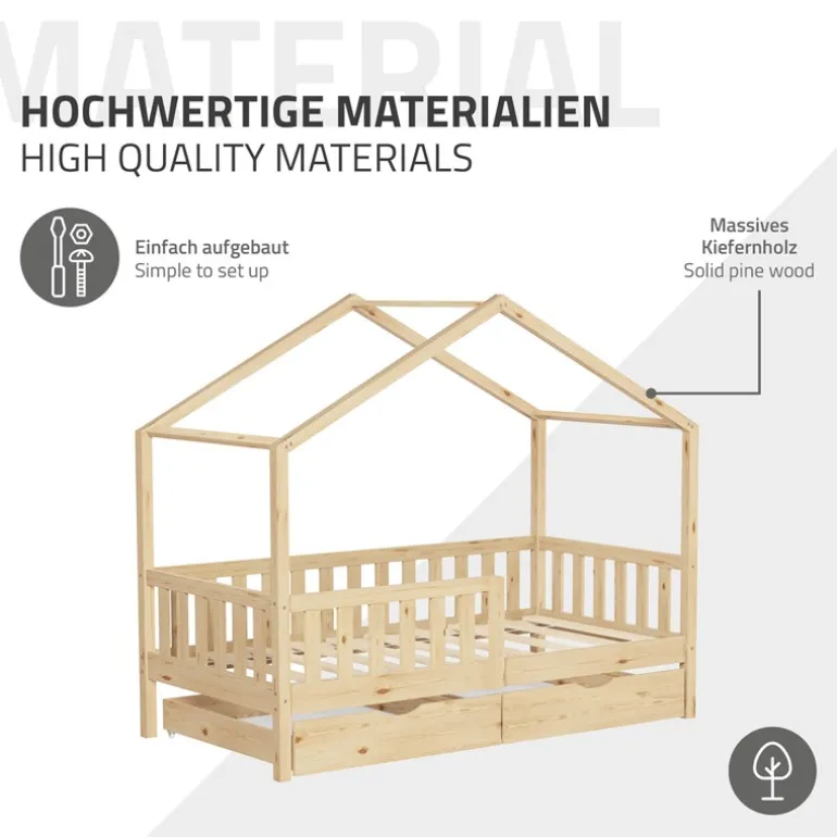 Kinderbett Hausbett 80x160 cm Natur aus Kiefernholz mit Matratze H:10cm, 2 Schubkasten, Rausfallschutz & Lattenrost ML-Design