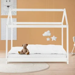 Kinderbett Hausbett 70x140 cm Weiß aus Kiefernholz Holzbett mit Dach und Lattenrost ML-Design