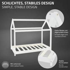 Kinderbett Hausbett 70x140 cm Weiß aus Kiefernholz Holzbett mit Dach und Lattenrost ML-Design