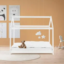 Kinderbett Hausbett 70x140 cm Weiß aus Kiefernholz Holzbett mit Dach und Lattenrost ML-Design