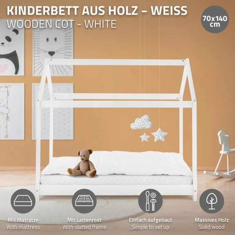 Kinderbett Hausbett 70x140 cm Weiß aus Kiefernholz inkl. Matratze H-10cm Holzbett mit Dach und Lattenrost ML-Design