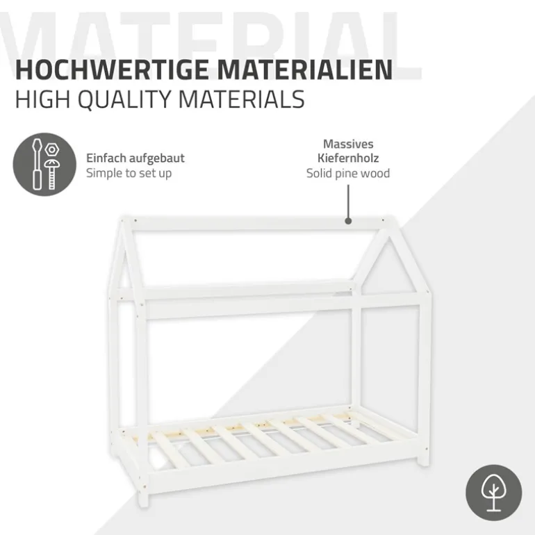 Kinderbett Hausbett 70x140 cm Weiß aus Kiefernholz inkl. Matratze H-10cm Holzbett mit Dach und Lattenrost ML-Design