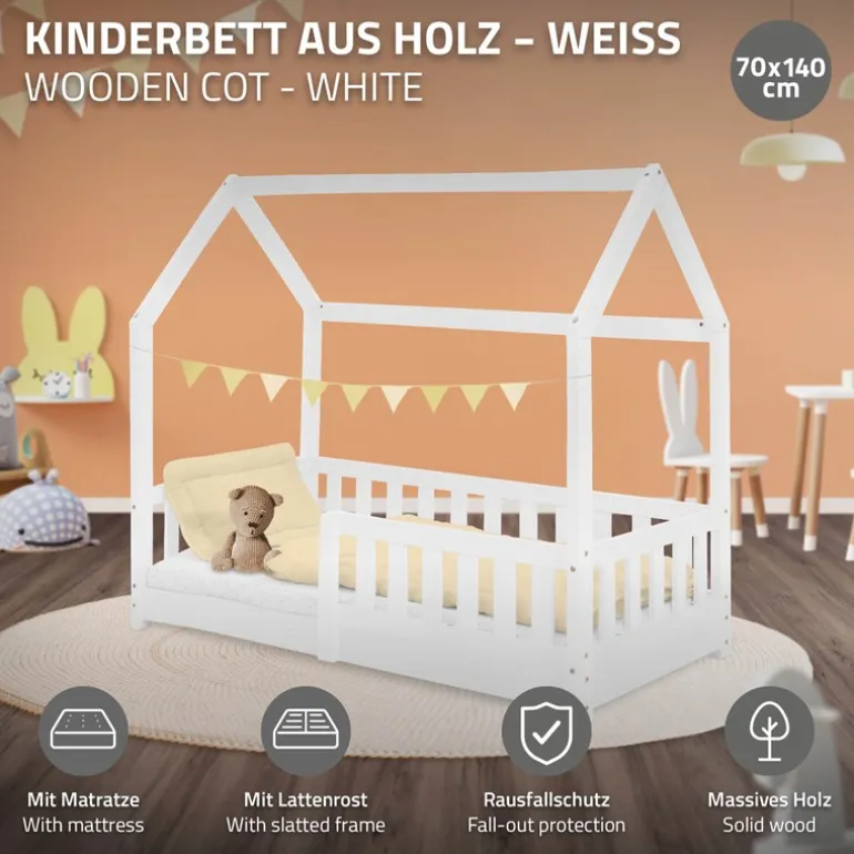 Kinderbett Hausbett 70x140 cm Weiß aus Kiefernholz inkl. Matratze H-10cm Rausfallschutz Dach und Lattenrost ML-Design