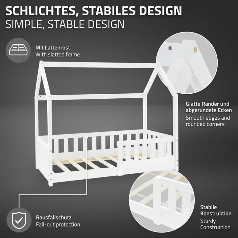 Kinderbett Hausbett 70x140 cm Weiß aus Kiefernholz inkl. Matratze H-10cm Rausfallschutz Dach und Lattenrost ML-Design