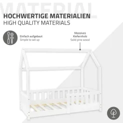Kinderbett Hausbett 70x140 cm Weiß aus Kiefernholz inkl. Matratze H-10cm Rausfallschutz Dach und Lattenrost ML-Design