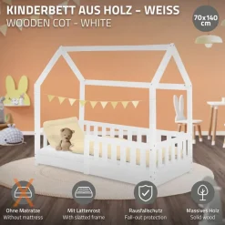 Kinderbett Hausbett 70x140 cm Weiß aus Kiefernholz mit Rausfallschutz Dach und Lattenrost Holzbett ML-Design