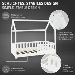 Kinderbett Hausbett 70x140 cm Weiß aus Kiefernholz mit Rausfallschutz Dach und Lattenrost Holzbett ML-Design