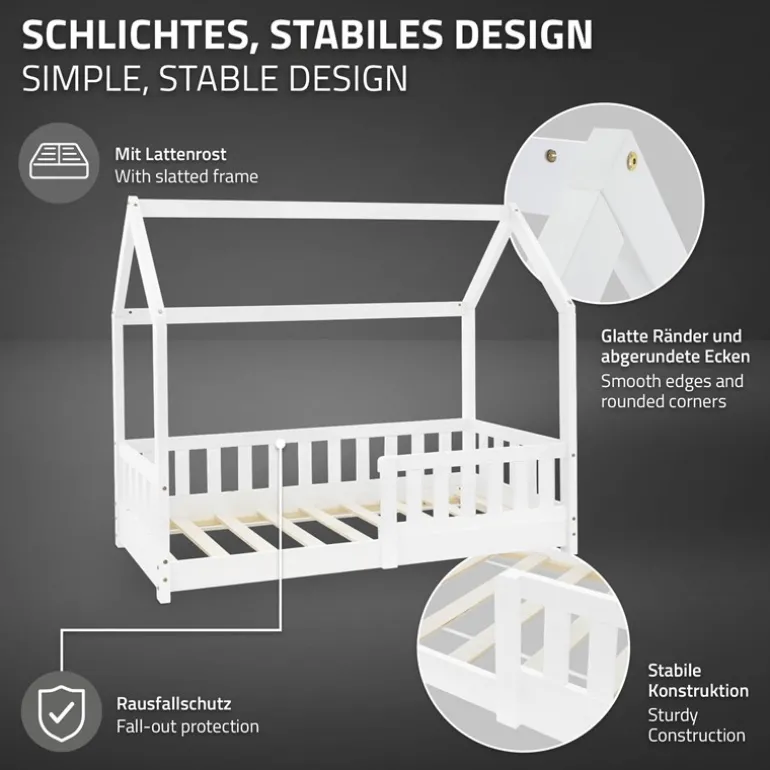 Kinderbett Hausbett 70x140 cm Weiß aus Kiefernholz mit Rausfallschutz Dach und Lattenrost Holzbett ML-Design