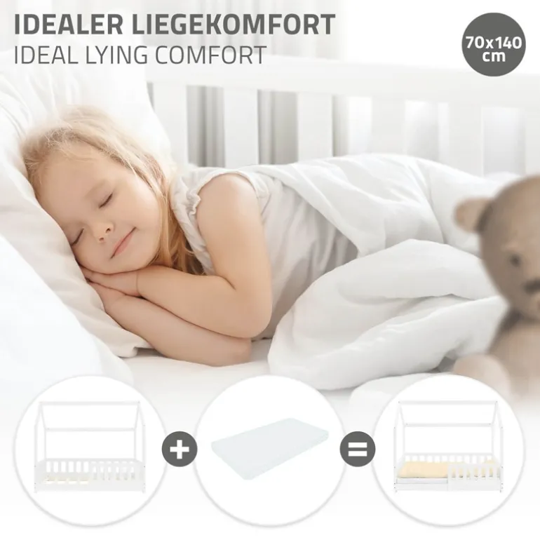 Kinderbett Hausbett 70x140 cm Weiß aus Kiefernholz mit Rausfallschutz Dach und Lattenrost Holzbett ML-Design