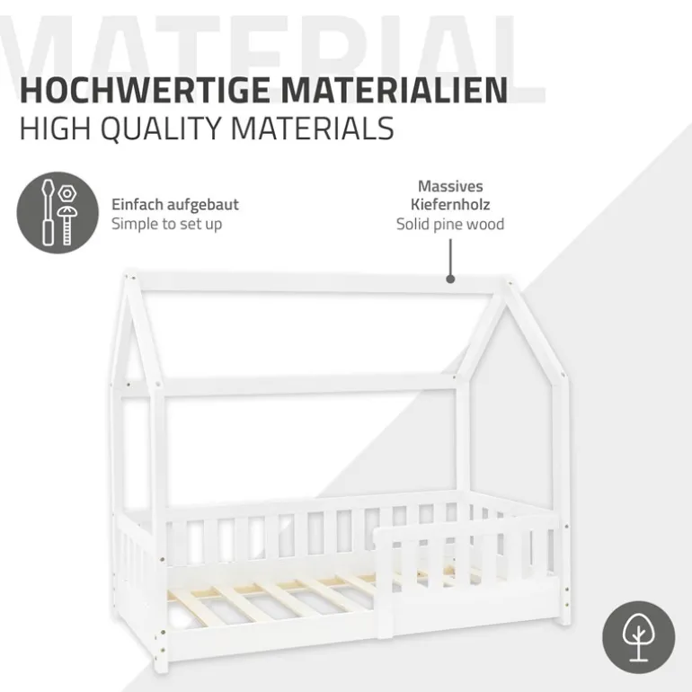 Kinderbett Hausbett 70x140 cm Weiß aus Kiefernholz mit Rausfallschutz Dach und Lattenrost Holzbett ML-Design