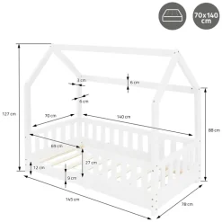 Kinderbett Hausbett 70x140 cm Weiß aus Kiefernholz mit Rausfallschutz Dach und Lattenrost Holzbett ML-Design