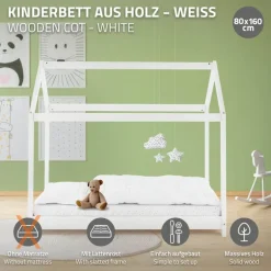 Kinderbett Hausbett 80x160 cm Weiß aus Kiefernholz Holzbett mit Dach und Lattenrost ML-Design