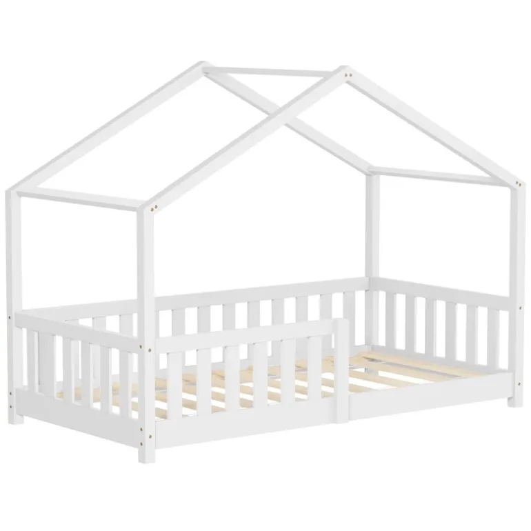 Kinderbett Hausbett 80x160 cm Weiß aus Kiefernholz Holzbett mit Rausfallschutz und Lattenrost ML-Design