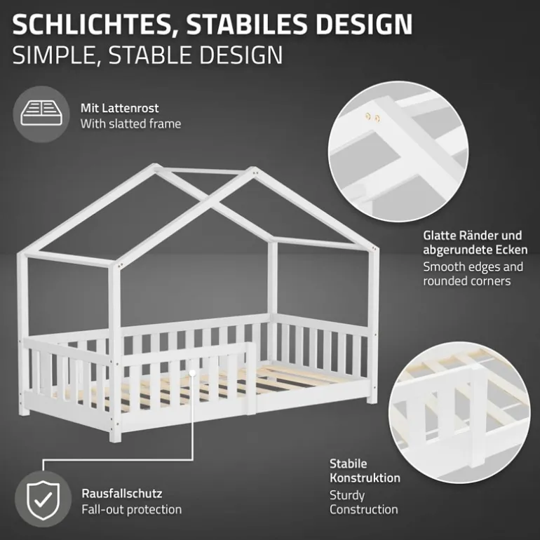 Kinderbett Hausbett 80x160 cm Weiß aus Kiefernholz Holzbett mit Rausfallschutz und Lattenrost ML-Design