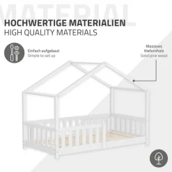 Kinderbett Hausbett 80x160 cm Weiß aus Kiefernholz Holzbett mit Rausfallschutz und Lattenrost ML-Design