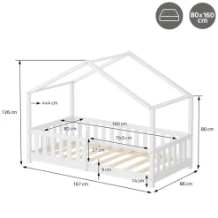 Kinderbett Hausbett 80x160 cm Weiß aus Kiefernholz Holzbett mit Rausfallschutz und Lattenrost ML-Design
