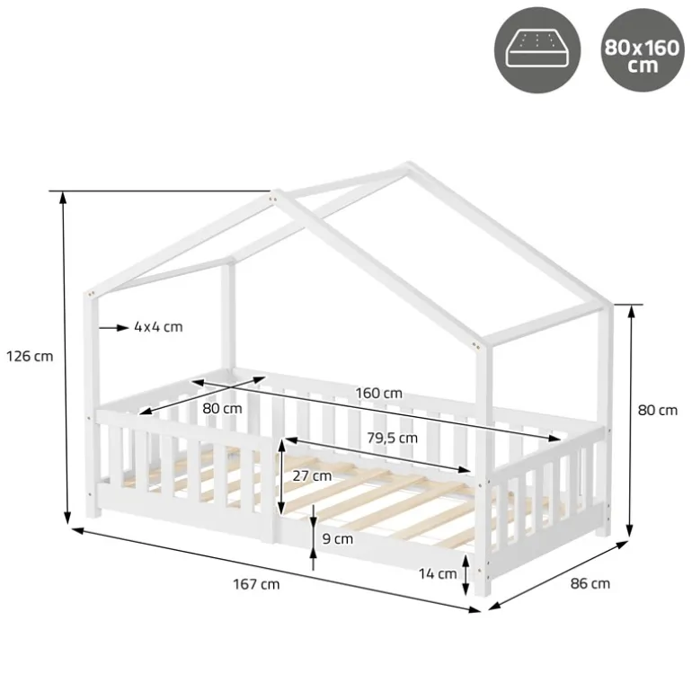Kinderbett Hausbett 80x160 cm Weiß aus Kiefernholz Holzbett mit Rausfallschutz und Lattenrost ML-Design