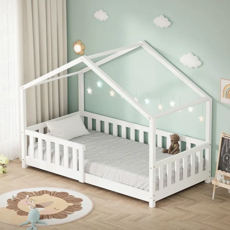 Kinderbett Hausbett 80x160 cm Weiß aus Kiefernholz Holzbett mit Rausfallschutz und Lattenrost ML-Design