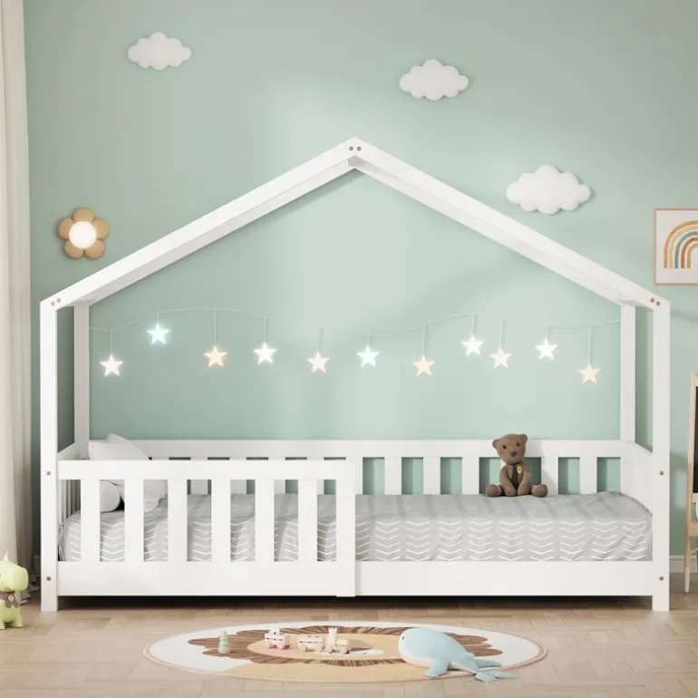 Kinderbett Hausbett 80x160 cm Weiß aus Kiefernholz Holzbett mit Rausfallschutz und Lattenrost ML-Design