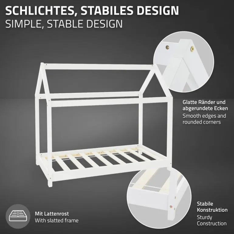 Kinderbett Hausbett 80x160 cm Weiß aus Kiefernholz inkl. Matratze H-10cm Holzbett mit Dach und Lattenrost ML-Design