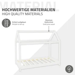 Kinderbett Hausbett 80x160 cm Weiß aus Kiefernholz inkl. Matratze H-10cm Holzbett mit Dach und Lattenrost ML-Design