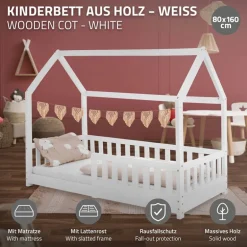 Kinderbett Hausbett 80x160 cm Weiß aus Kiefernholz inkl. Matratze H-10cm Rausfallschutz Dach und Lattenrost ML-Design