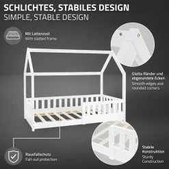 Kinderbett Hausbett 80x160 cm Weiß aus Kiefernholz inkl. Matratze H-10cm Rausfallschutz Dach und Lattenrost ML-Design