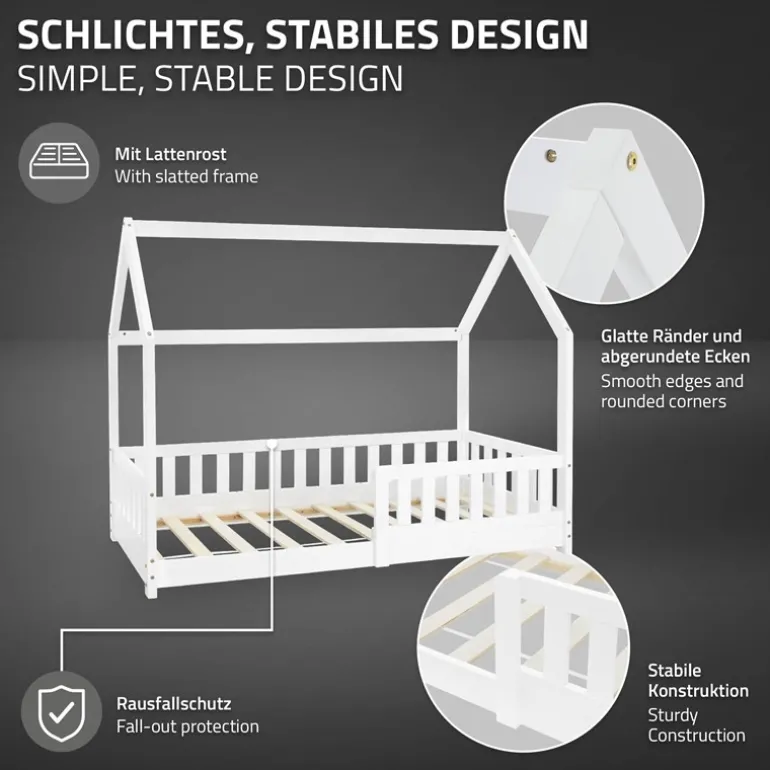 Kinderbett Hausbett 80x160 cm Weiß aus Kiefernholz inkl. Matratze H-10cm Rausfallschutz Dach und Lattenrost ML-Design