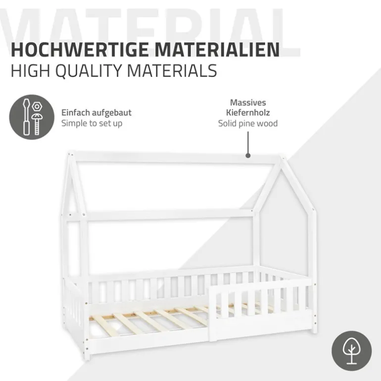 Kinderbett Hausbett 80x160 cm Weiß aus Kiefernholz inkl. Matratze H-10cm Rausfallschutz Dach und Lattenrost ML-Design