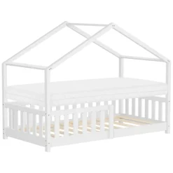 Kinderbett Hausbett 80x160 cm Weiß aus Kiefernholz mit Matratze H:10cm Rausfallschutz und Lattenrost ML-Design