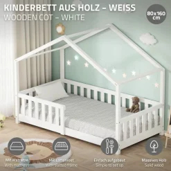 Kinderbett Hausbett 80x160 cm Weiß aus Kiefernholz mit Matratze H:10cm Rausfallschutz und Lattenrost ML-Design