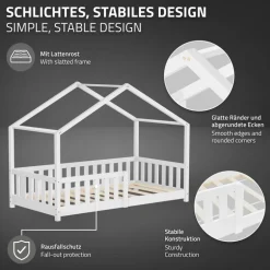 Kinderbett Hausbett 80x160 cm Weiß aus Kiefernholz mit Matratze H:10cm Rausfallschutz und Lattenrost ML-Design