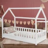 Kinderbett Hausbett 80x160 cm Weiß aus Kiefernholz mit Rausfallschutz Dach und Lattenrost Holzbett ML-Design