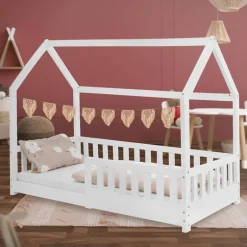 Kinderbett Hausbett 80x160 cm Weiß aus Kiefernholz mit Rausfallschutz Dach und Lattenrost Holzbett ML-Design