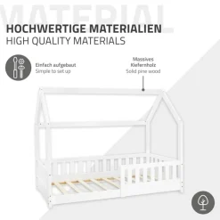Kinderbett Hausbett 80x160 cm Weiß aus Kiefernholz mit Rausfallschutz Dach und Lattenrost Holzbett ML-Design